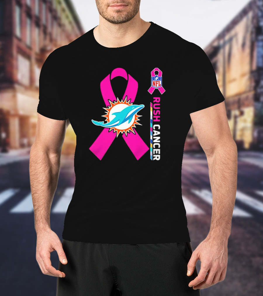 Miami Dolphins NFL Rush Cancer Pink Ribbon Emblem T-Shirt