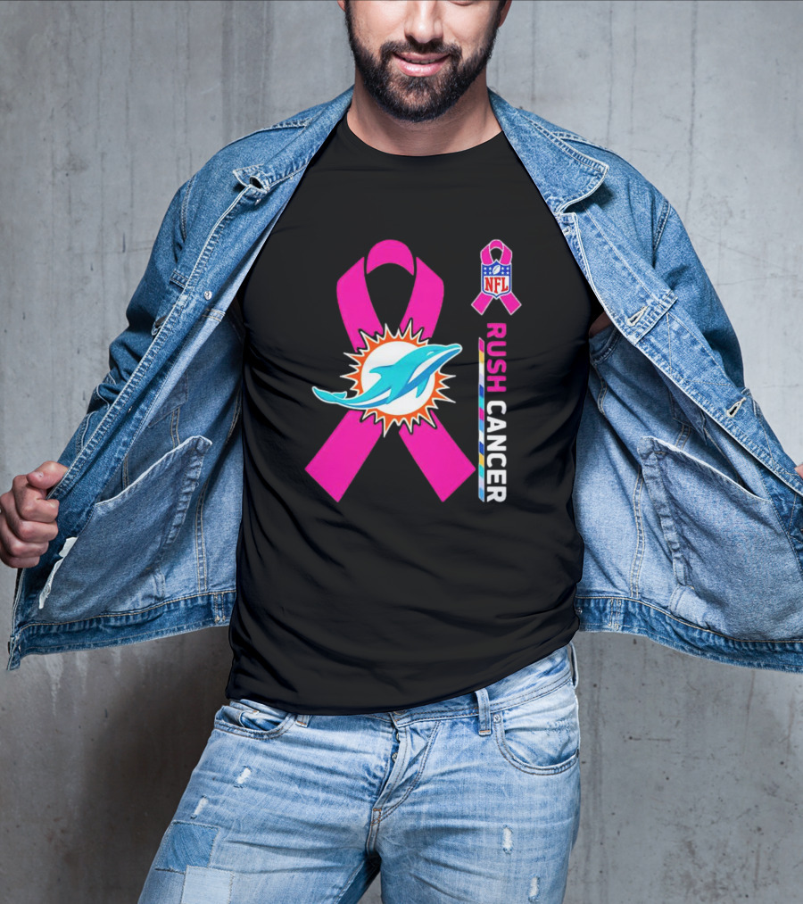 Miami Dolphins NFL Rush Cancer Pink Ribbon Emblem T-Shirt