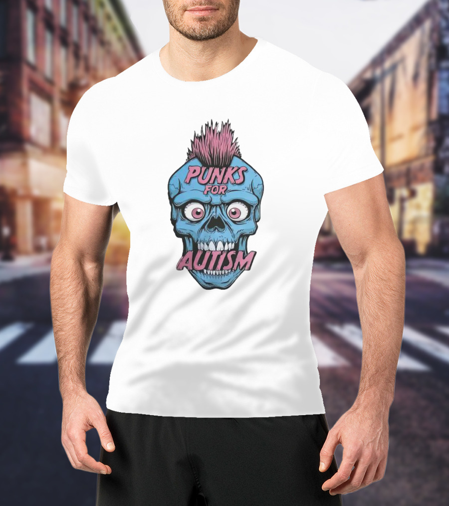 Punks For Autism Skull Blue Face Pink Hair T-Shirt
