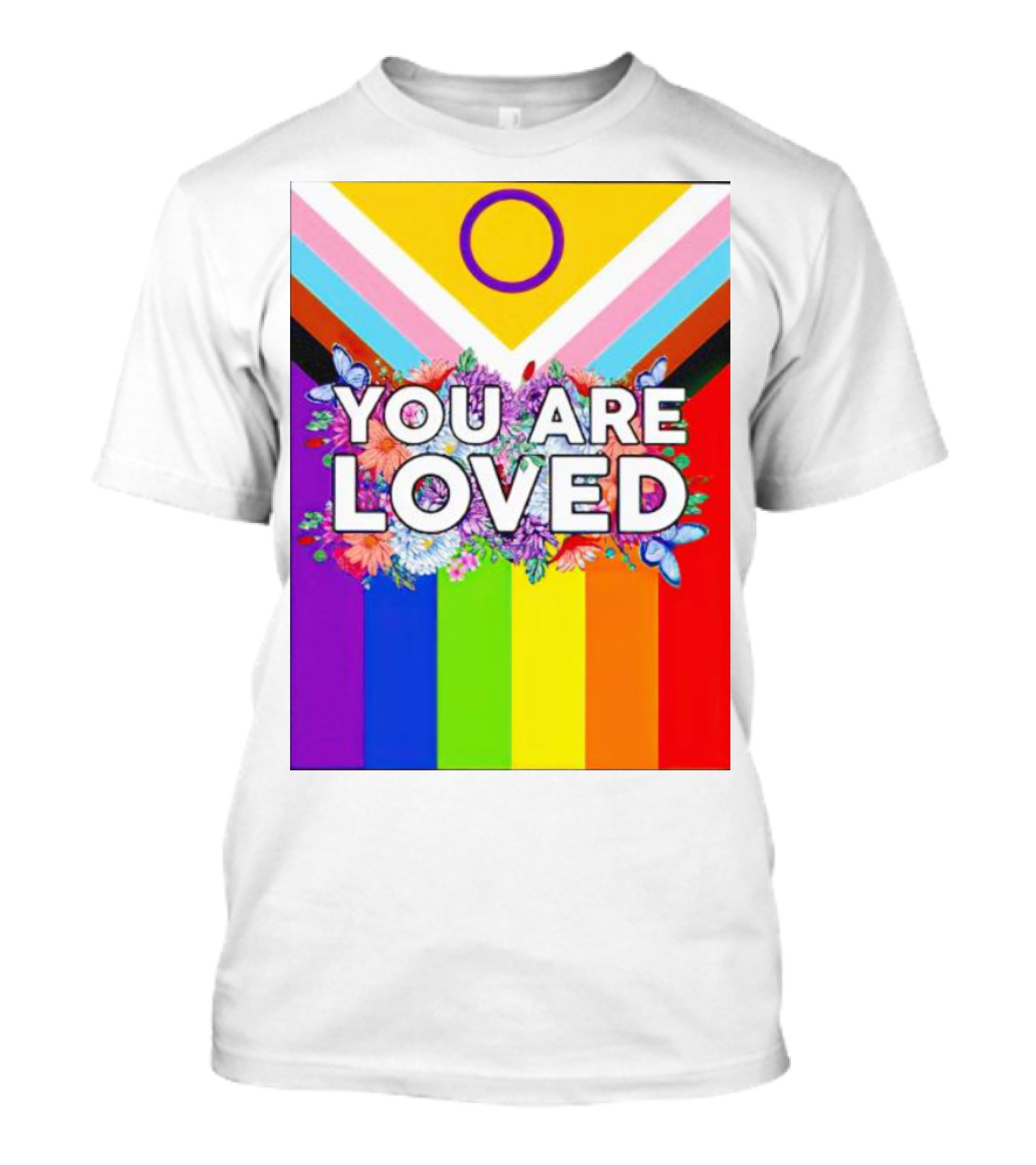 You Are Loved Pride Flag Intersex Inclusion Rainbow Floral Butterflies T-Shirt