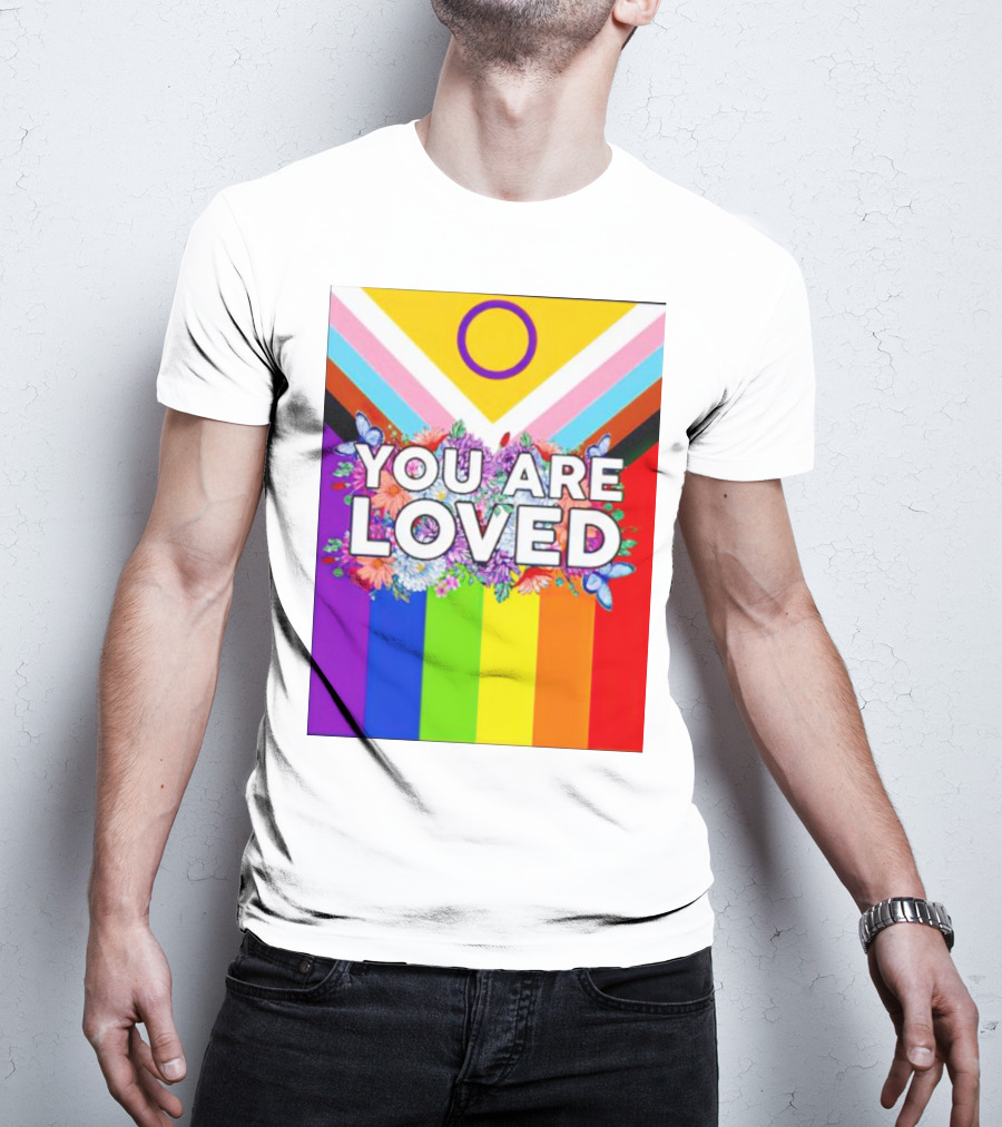 You Are Loved Pride Flag Intersex Inclusion Rainbow Floral Butterflies T-Shirt