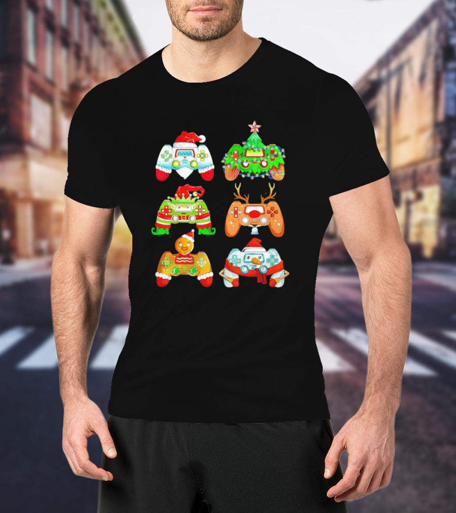 Christmas Santa Elf Snowman Reindeer Gaming Controllers Holiday T-Shirt