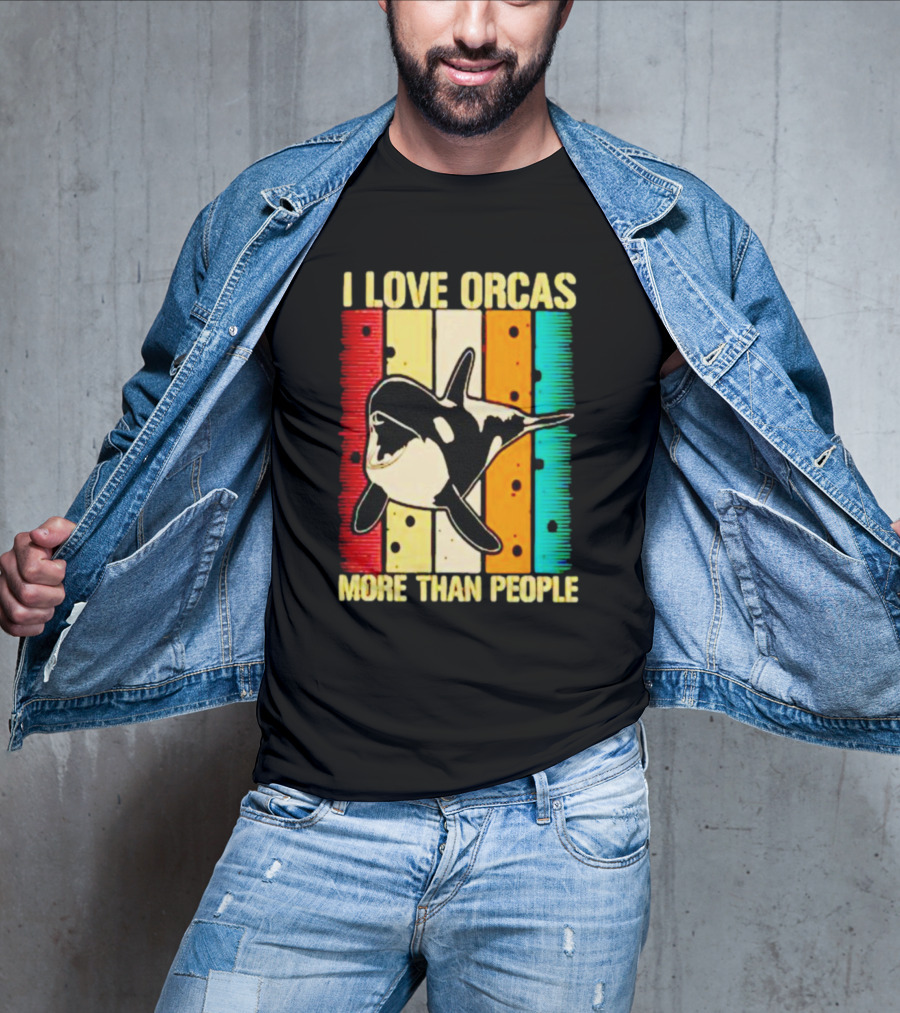 I Love Orcas More Than People Retro Stripes Ocean Mood T-Shirt
