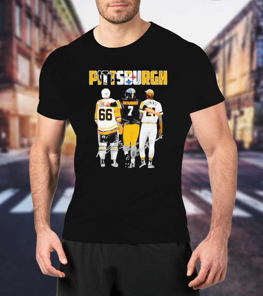 Pittsburgh Penguins Lemieux Steelers Roethlisberger Pirates Clemente Signature T-Shirt