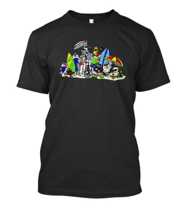 Looney Tunes Beach Scene Featuring Bugs Bunny And Friends With Surfboards And Umbrellas T-Shirt