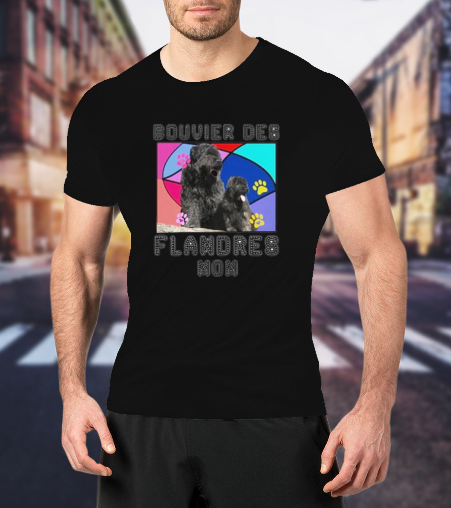 Bouvier Des Flandres Mom Colorful Paw Print Background T-Shirt