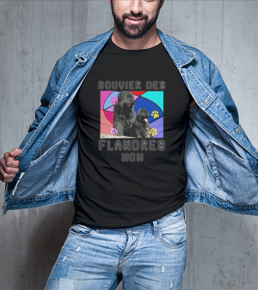 Bouvier Des Flandres Mom Colorful Paw Print Background T-Shirt