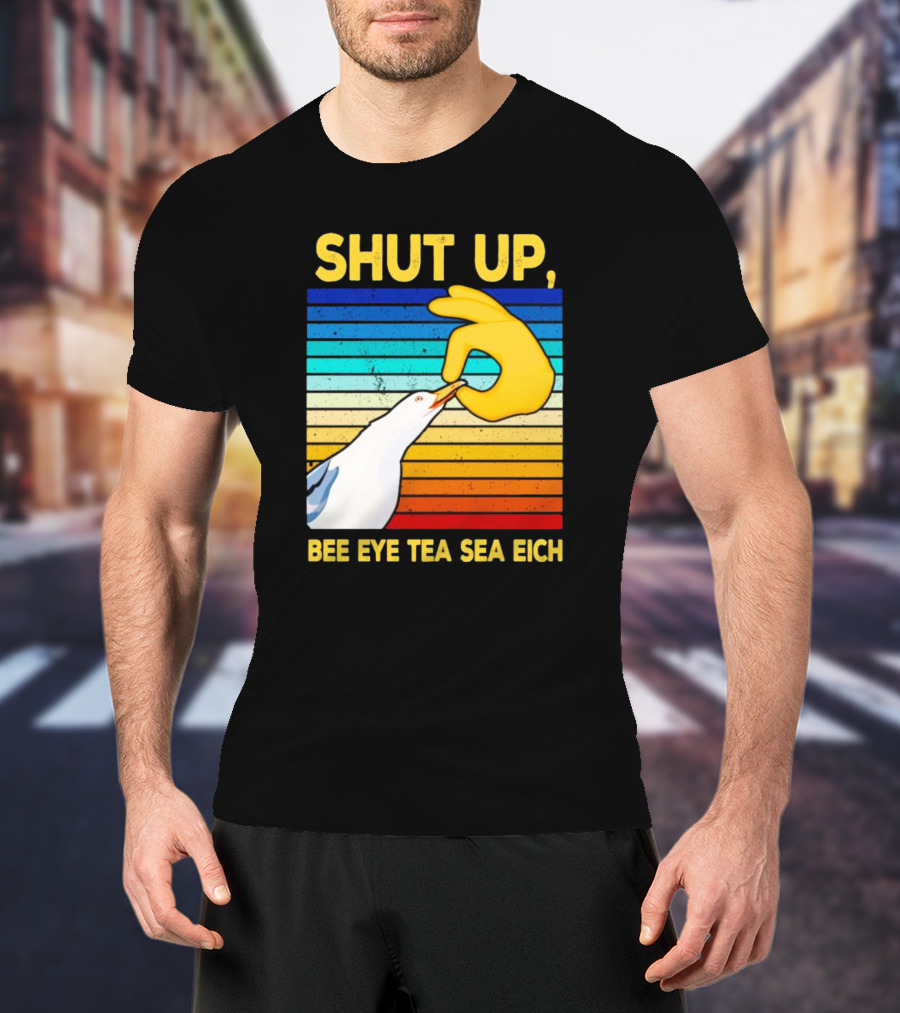 SHUT UP BEE EYE TEA SEA EICH Seagull Yellow Hand Rainbow Stripes T-Shirt