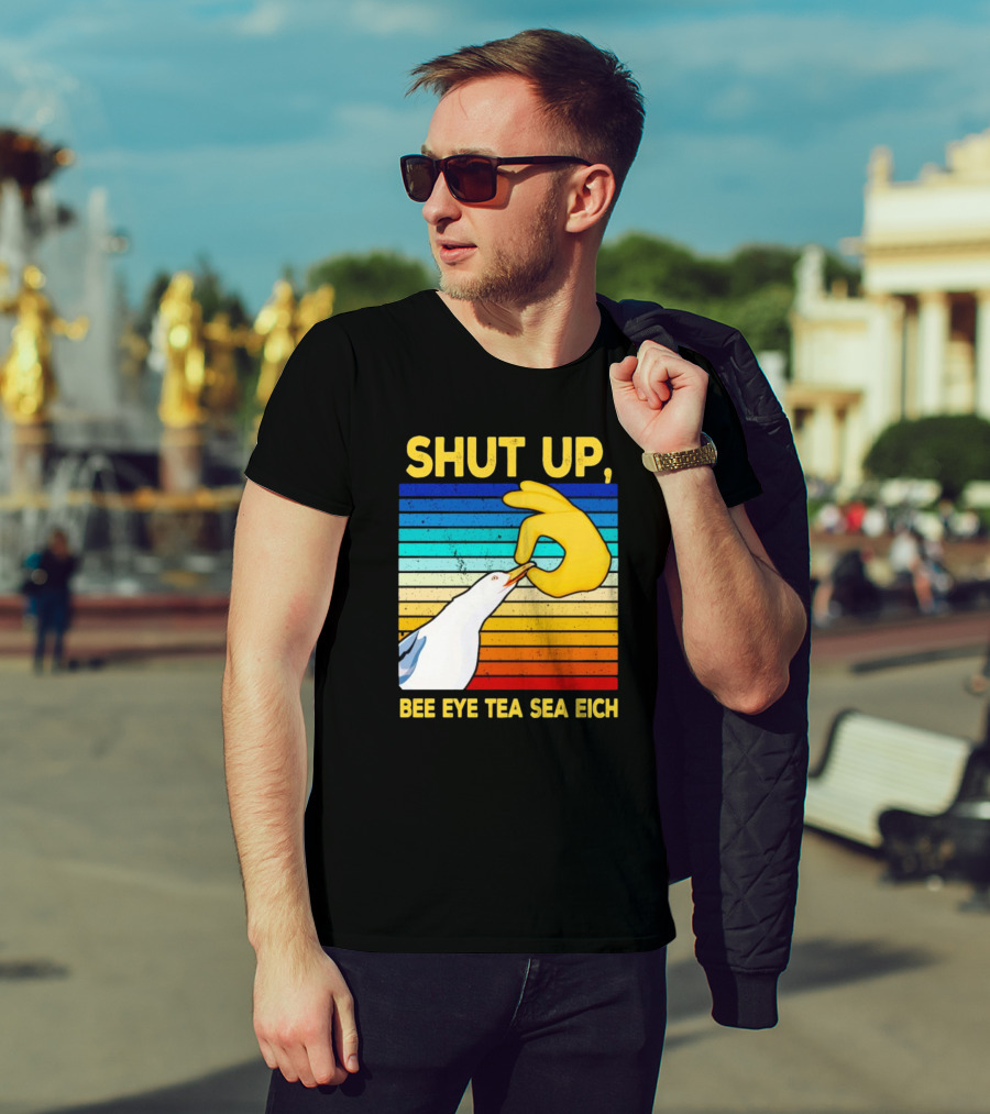 SHUT UP BEE EYE TEA SEA EICH Seagull Yellow Hand Rainbow Stripes T-Shirt