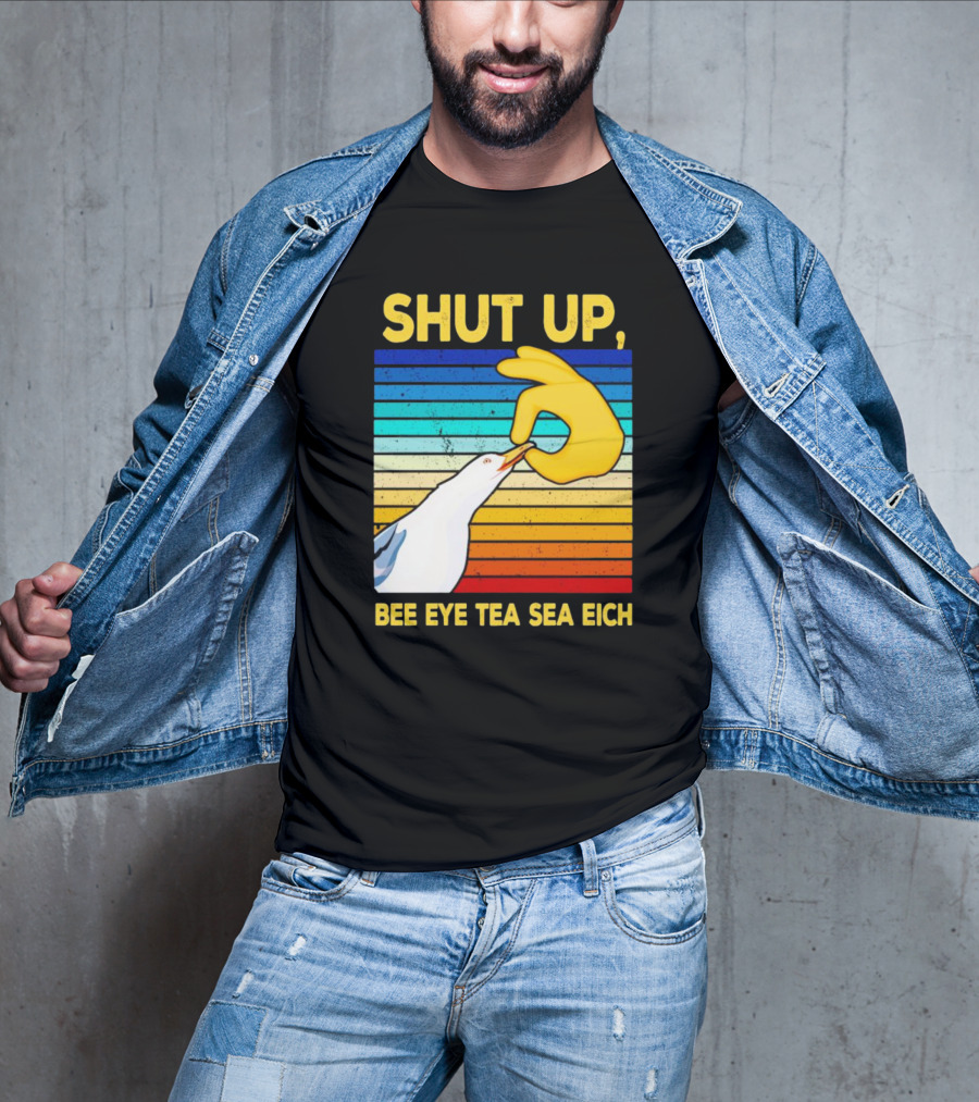 SHUT UP BEE EYE TEA SEA EICH Seagull Yellow Hand Rainbow Stripes T-Shirt