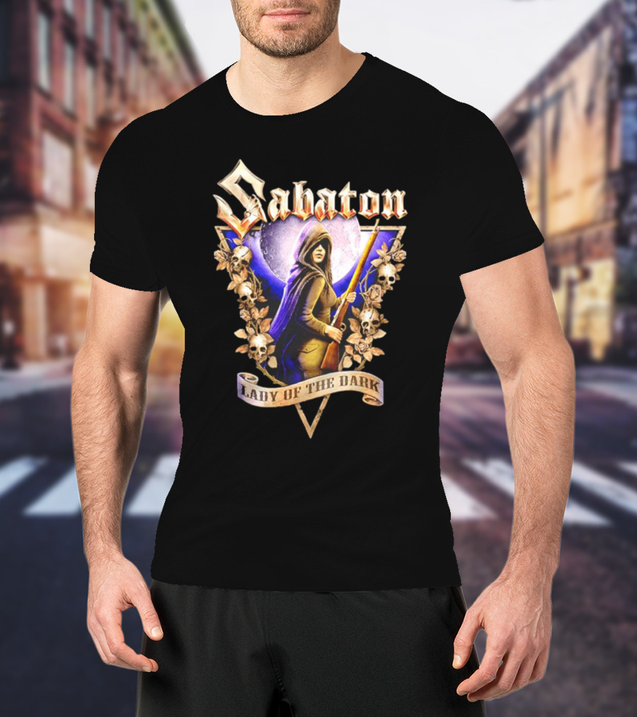 Sabaton Lady Of The Dark Hooded Figure With Floral Skull Motif T-Shirt