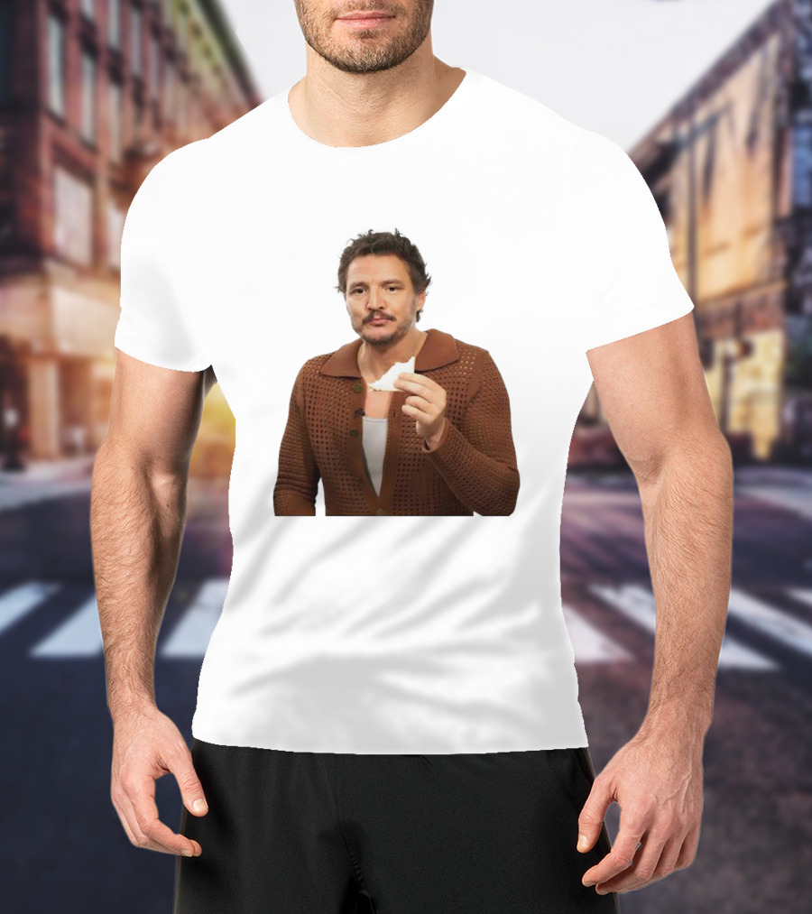 Pedro Pascal Holding Sandwich In Brown T-Shirt