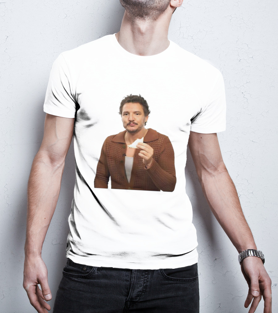 Pedro Pascal Holding Sandwich In Brown T-Shirt