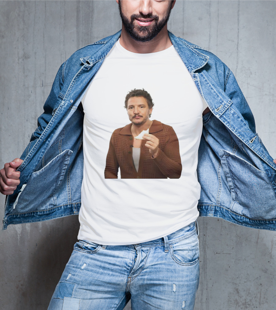 Pedro Pascal Holding Sandwich In Brown T-Shirt