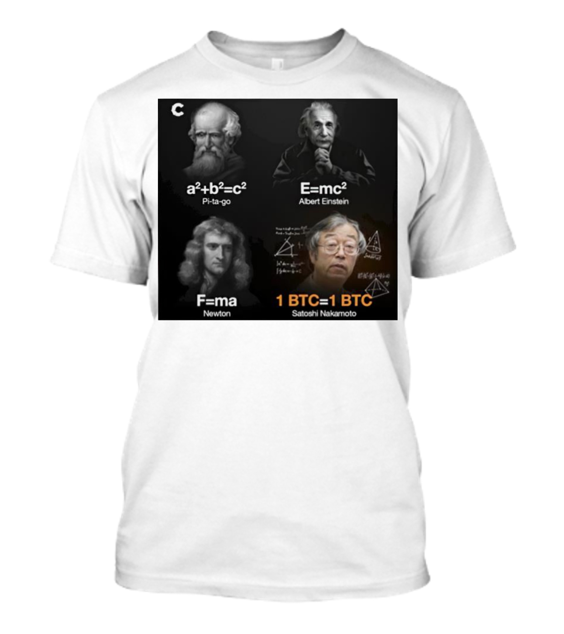 Pi-ta-go Albert Einstein Newton Satoshi Nakamoto A²+b²=c² E=mc² F=ma 1 BTC=1 BTC T-Shirt