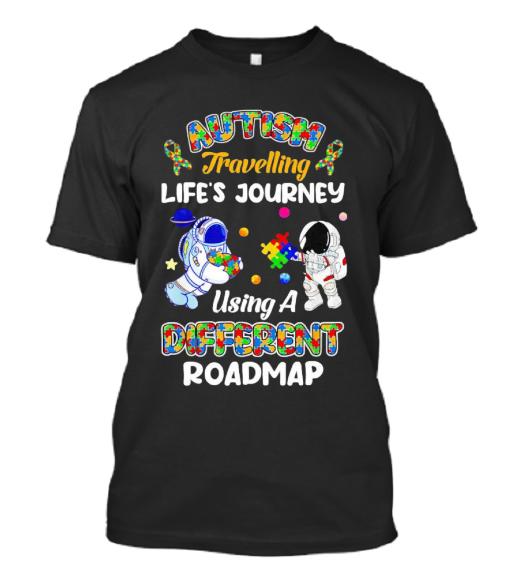 Autism Travelling Life's Journey Using A Different Roadmap With Astronauts And Puzzle Pieces T-Shirt