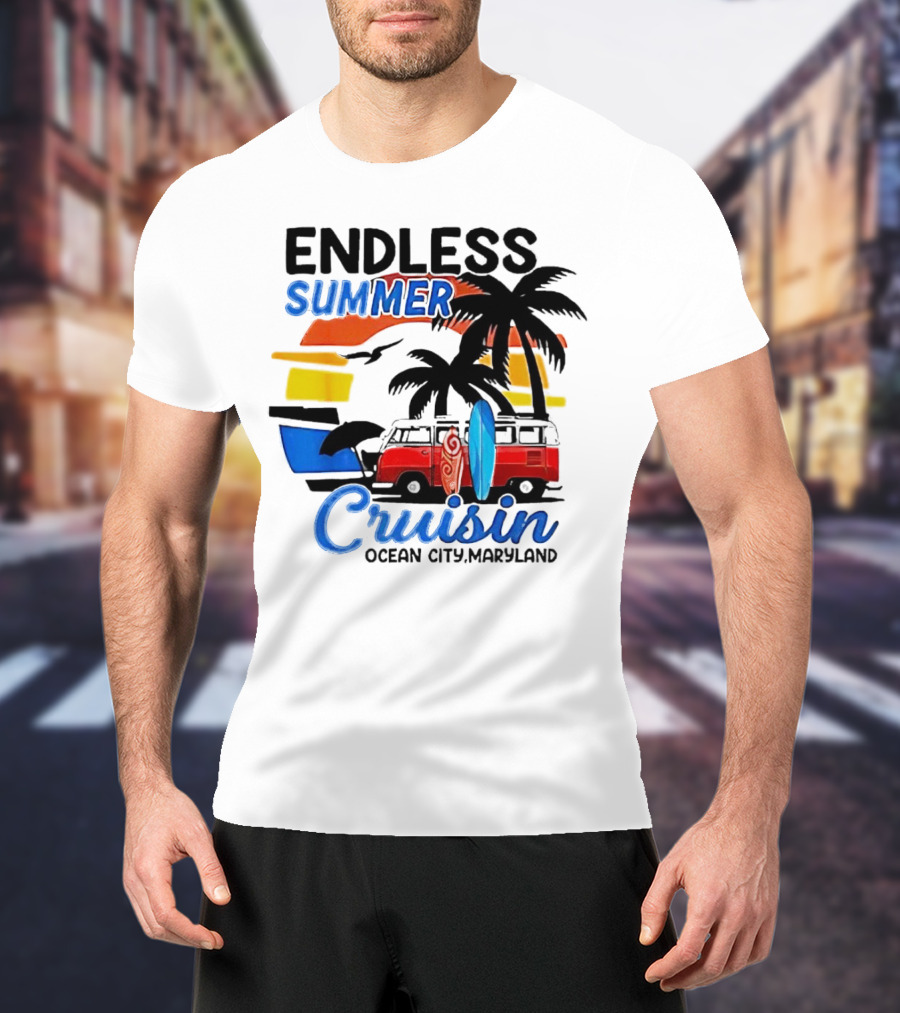 Endless Summer Cruisin Ocean City Maryland Vintage Sunset Surfboard Van Palm Trees T-Shirt