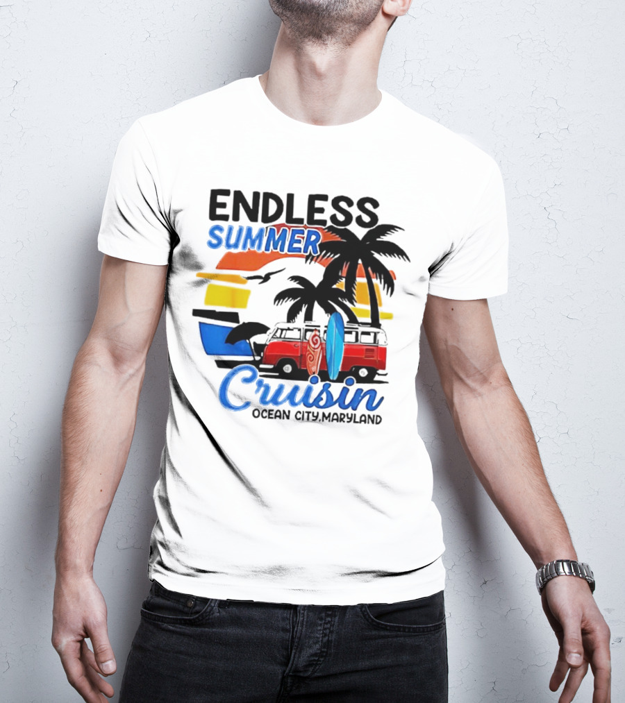 Endless Summer Cruisin Ocean City Maryland Vintage Sunset Surfboard Van Palm Trees T-Shirt