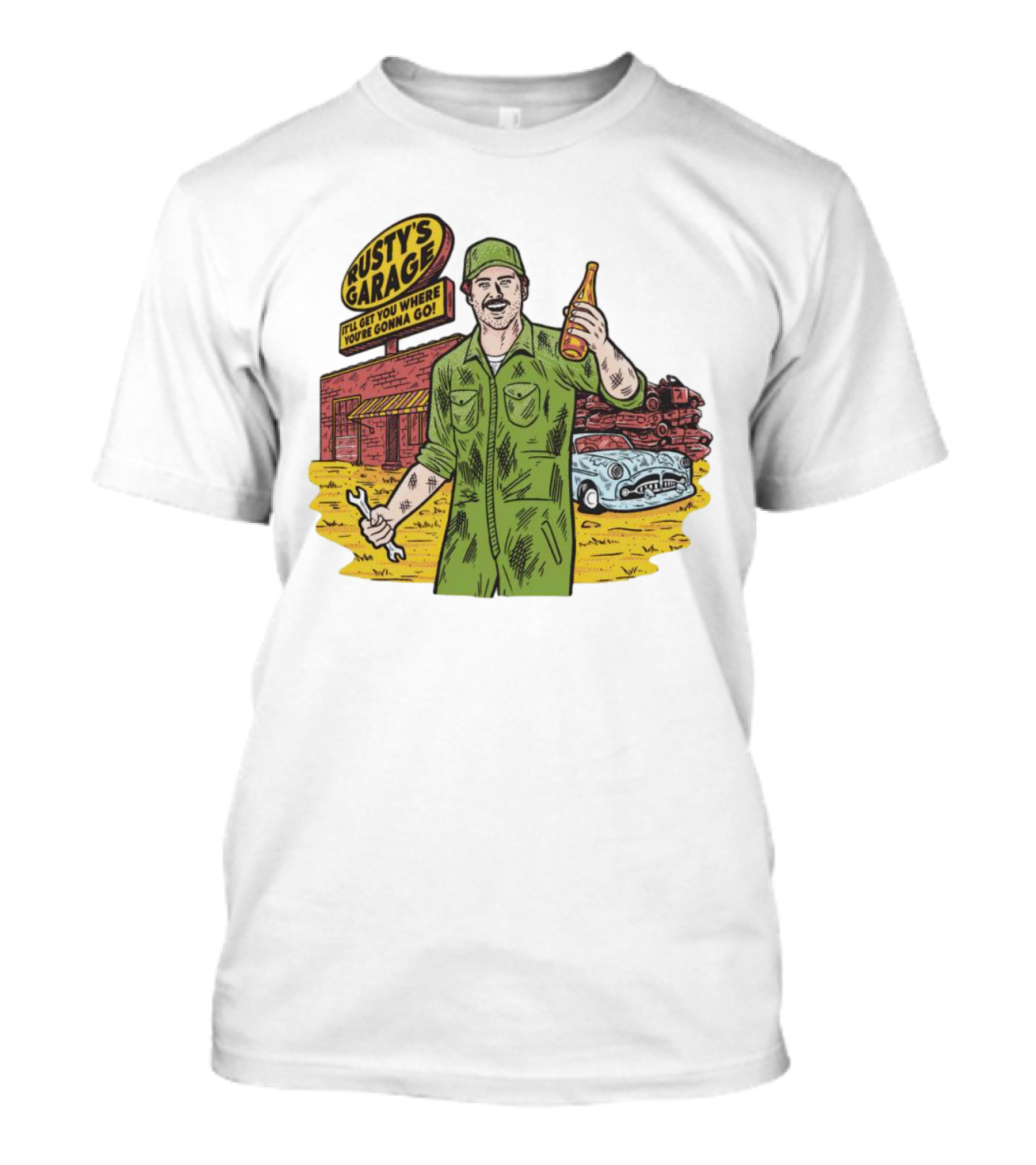 Rusty’s Garage It’ll Get You Where You’re Gonna Go Retro Mechanic Holding Wrench And Drink With Vintage Car And Workshop Scene T-Shirt