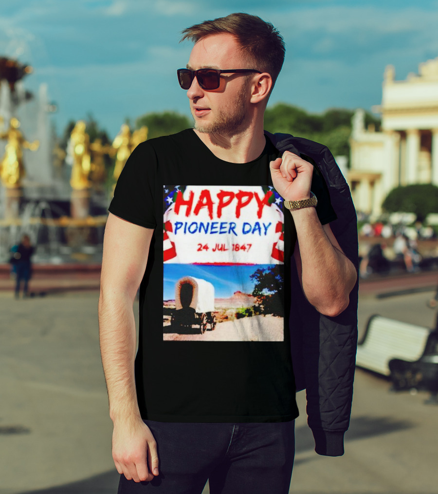 Happy Pioneer Day 24 Jul 1847 Covered Wagon Desert Scene T-Shirt