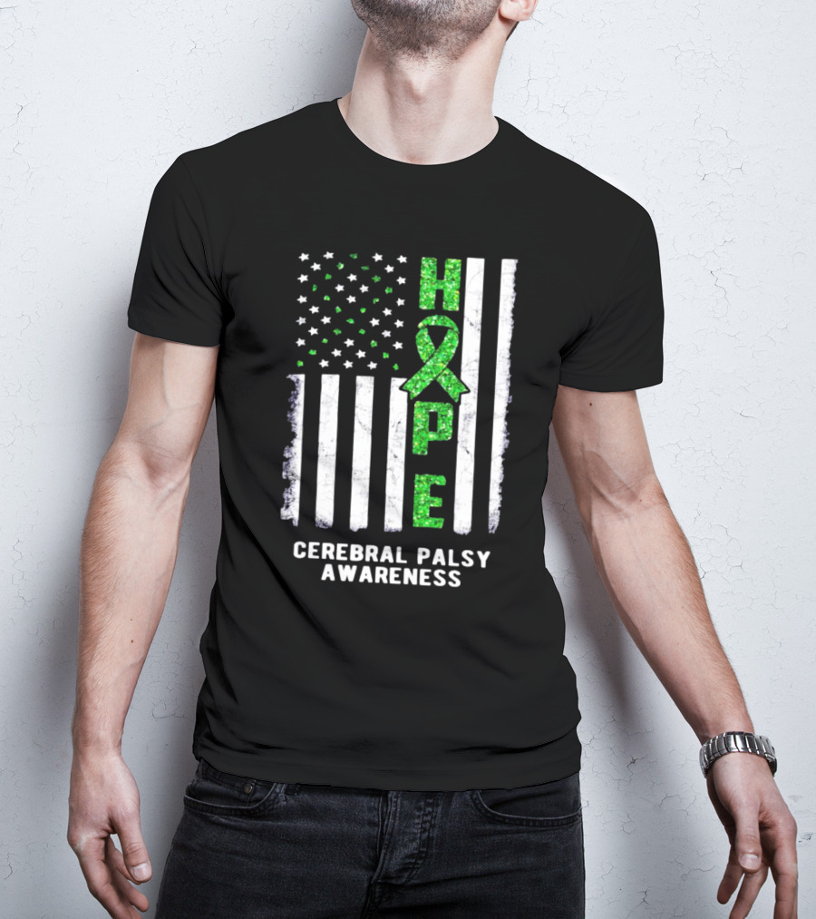 Hope American Flag Green Ribbon Cerebral Palsy Awareness T-Shirt