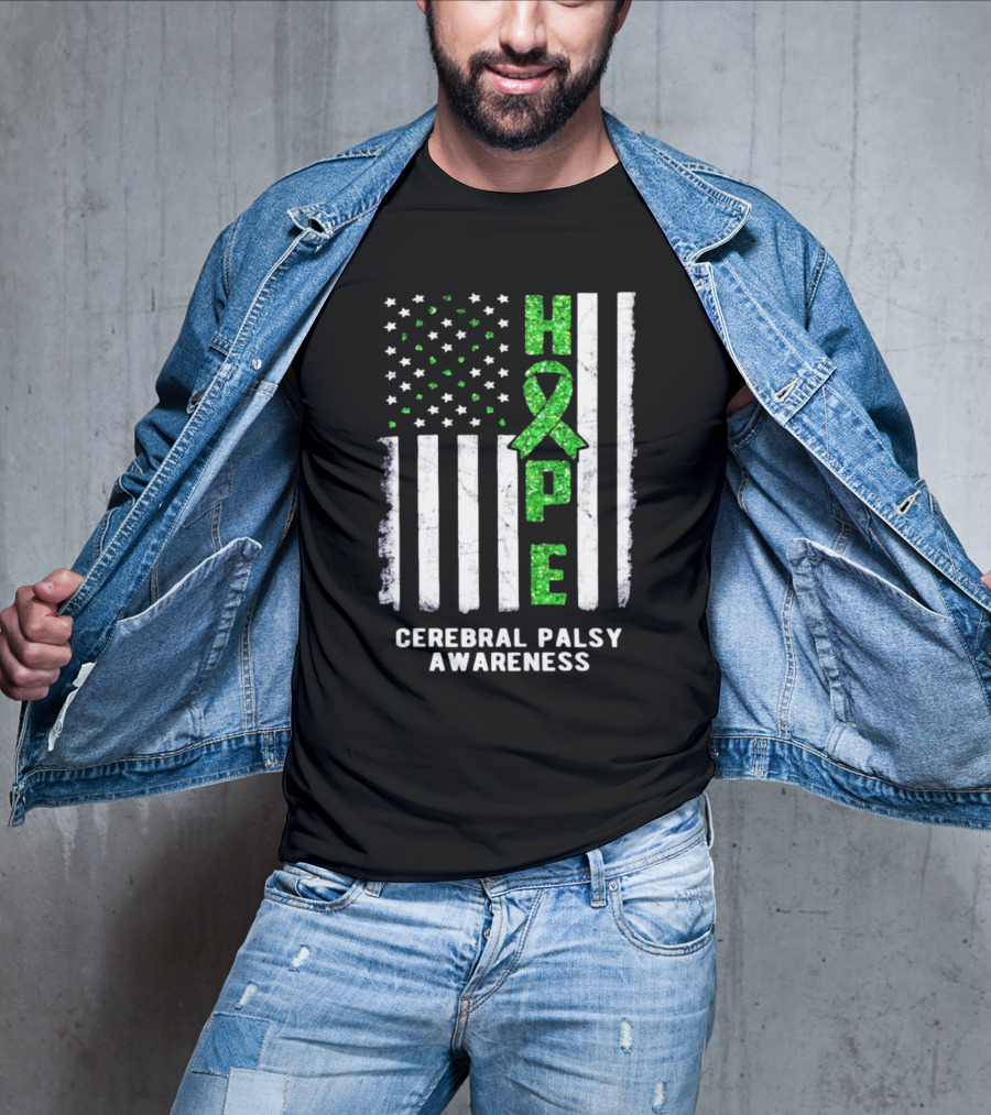 Hope American Flag Green Ribbon Cerebral Palsy Awareness T-Shirt