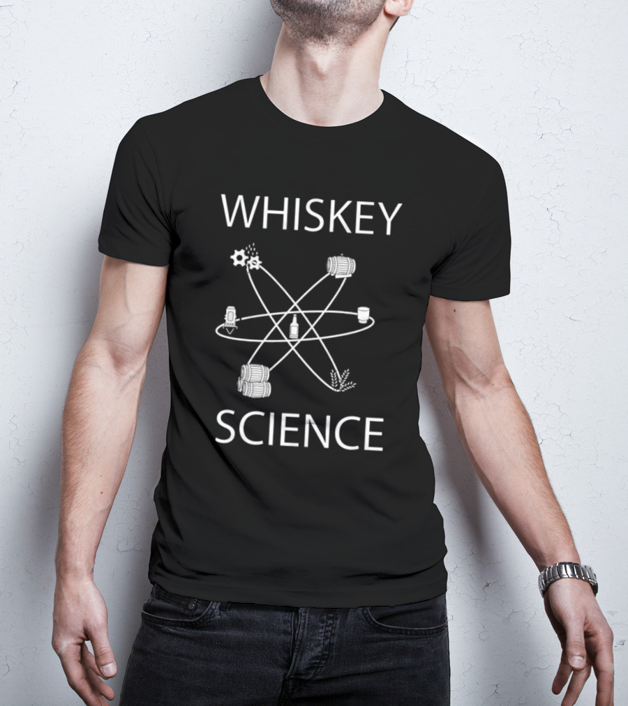 WHISKEY SCIENCE Molecular Diagram With Barrels And Distillation Elements T-Shirt