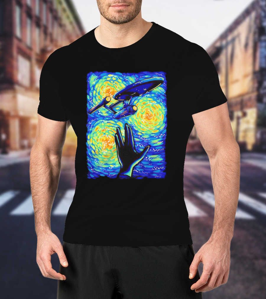 Star Trek Enterprise In Starry Night With Vulcan Salute Starry Trek T-Shirt