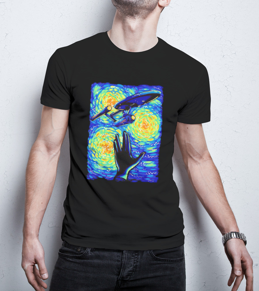 Star Trek Enterprise In Starry Night With Vulcan Salute Starry Trek T-Shirt