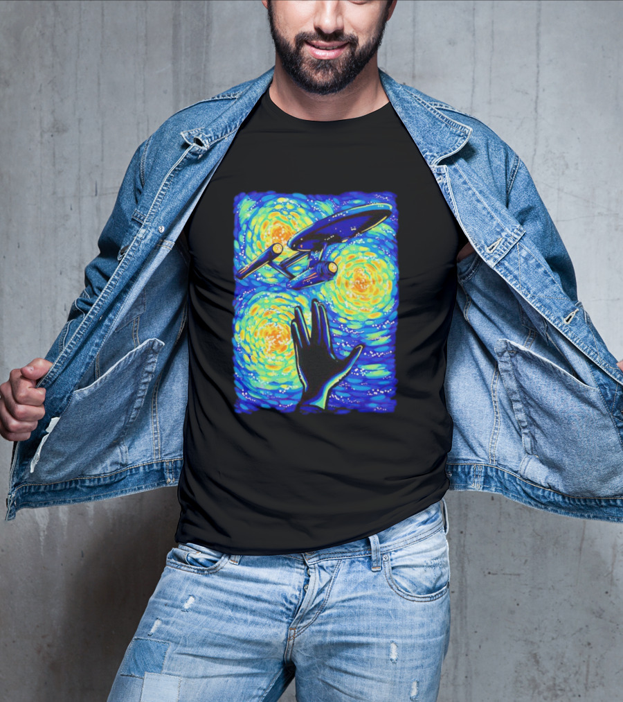 Star Trek Enterprise In Starry Night With Vulcan Salute Starry Trek T-Shirt