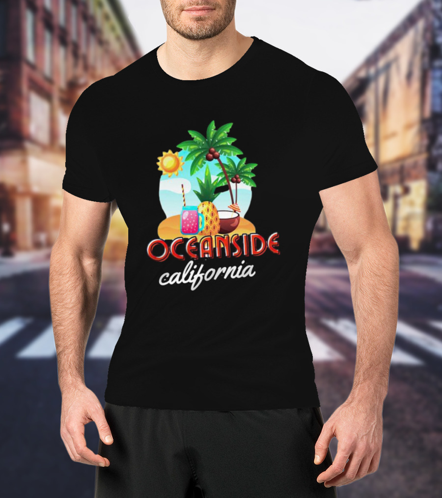 Oceanside California Tropical Beach Scene With Palm Trees, Sun, Pineapple, Coconut Drink, And Refreshing Beverage T-Shirt