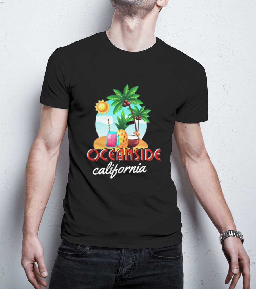 Oceanside California Tropical Beach Scene With Palm Trees, Sun, Pineapple, Coconut Drink, And Refreshing Beverage T-Shirt