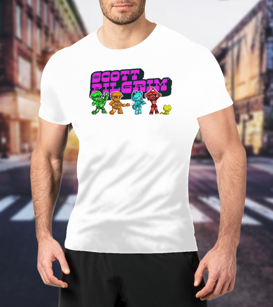 Scott Pilgrim Pixel Characters With Neon Title And Cat T-Shirt
