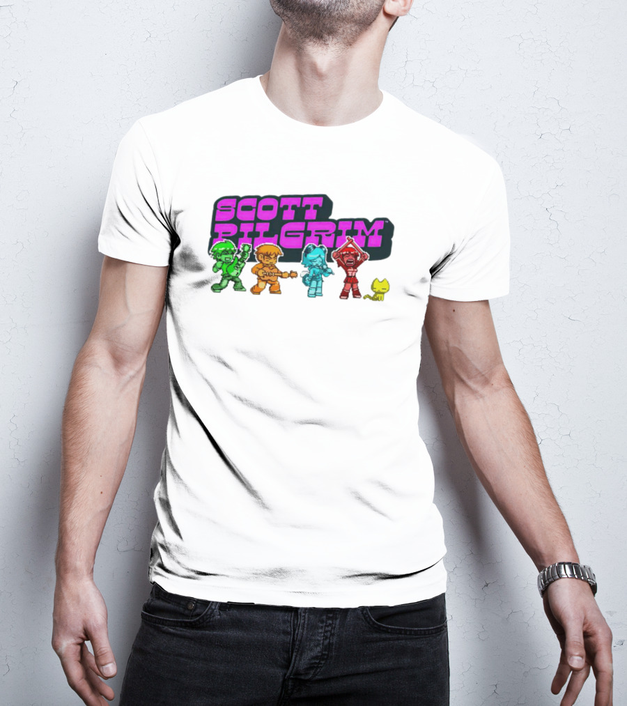 Scott Pilgrim Pixel Characters With Neon Title And Cat T-Shirt