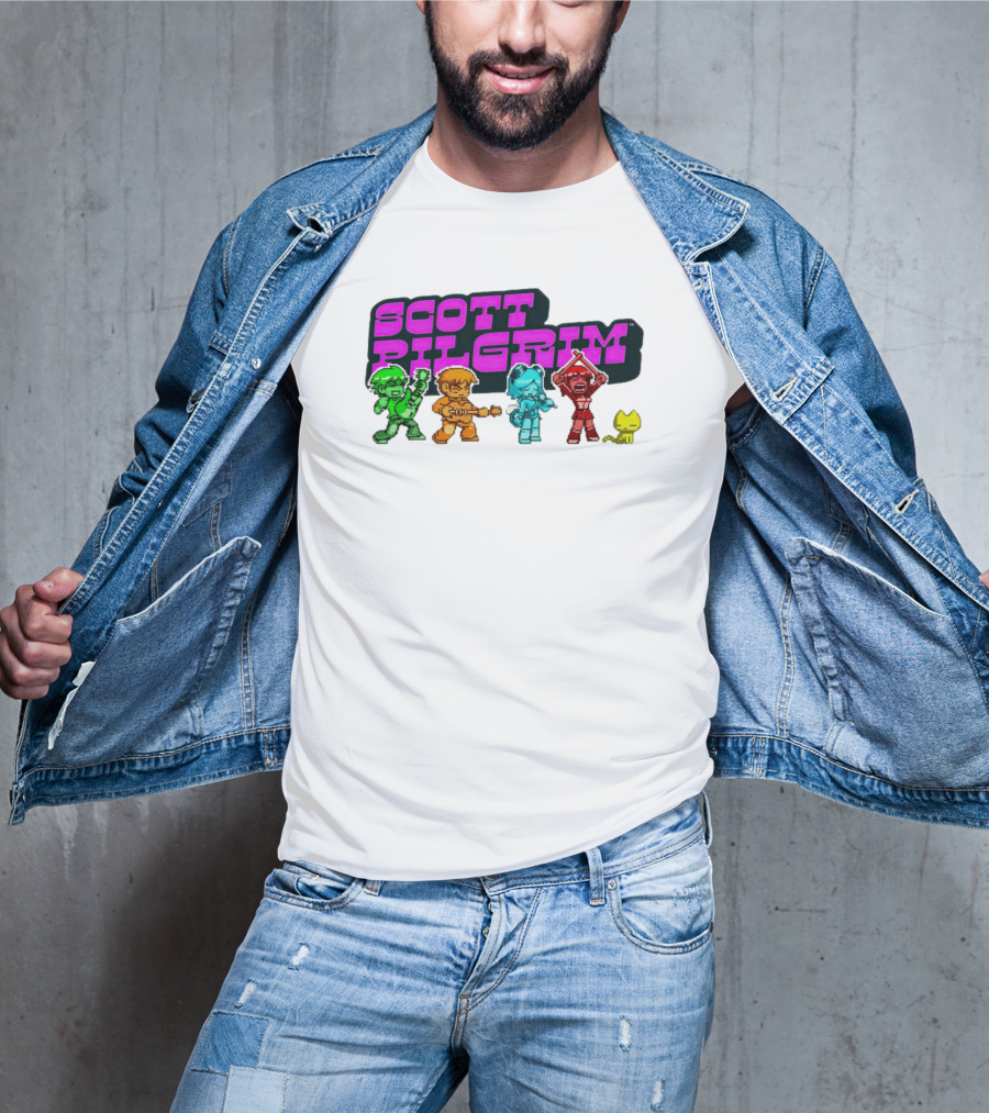 Scott Pilgrim Pixel Characters With Neon Title And Cat T-Shirt