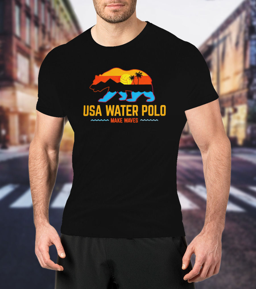 USA Water Polo Bear Make Waves Sunset Palm Trees Volleyball T-Shirt