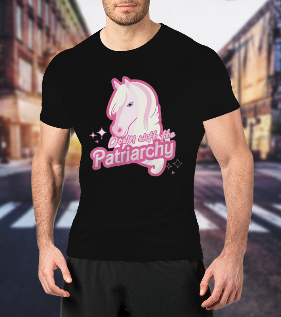 Down With The Patriarchy Pink Horse Illustration With Sparkles T-Shirt