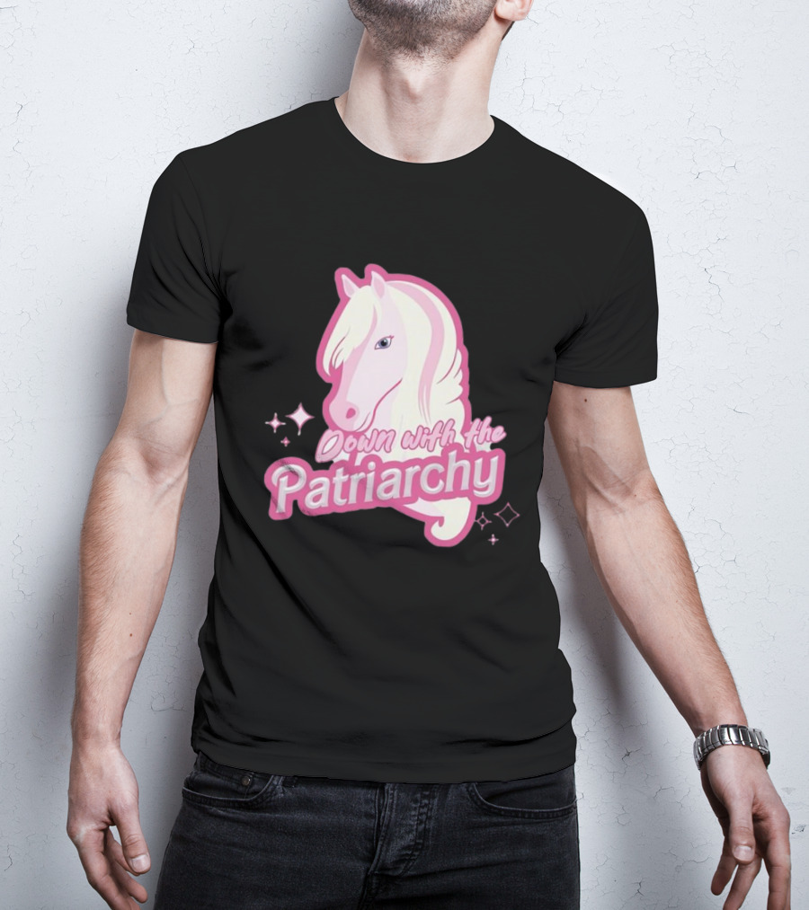 Down With The Patriarchy Pink Horse Illustration With Sparkles T-Shirt