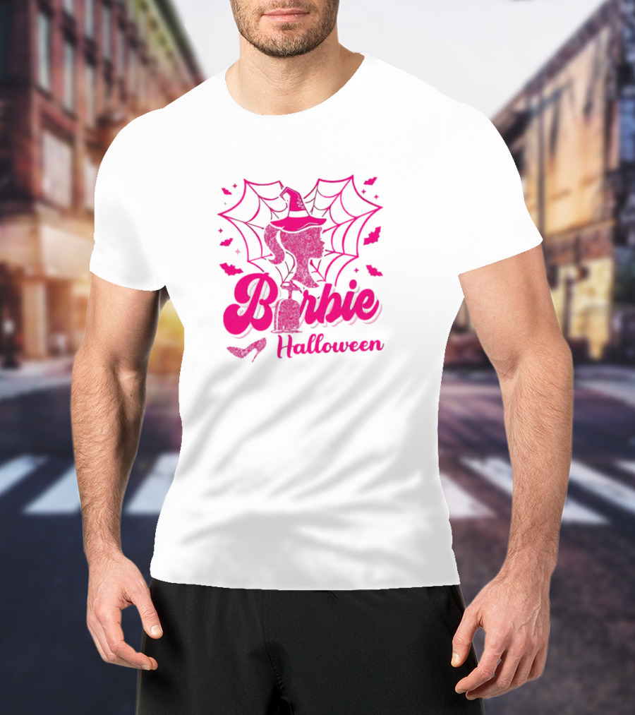 Barbie Halloween Witch Hat Cobweb Silhouette Pink Text Bat Heels T-Shirt