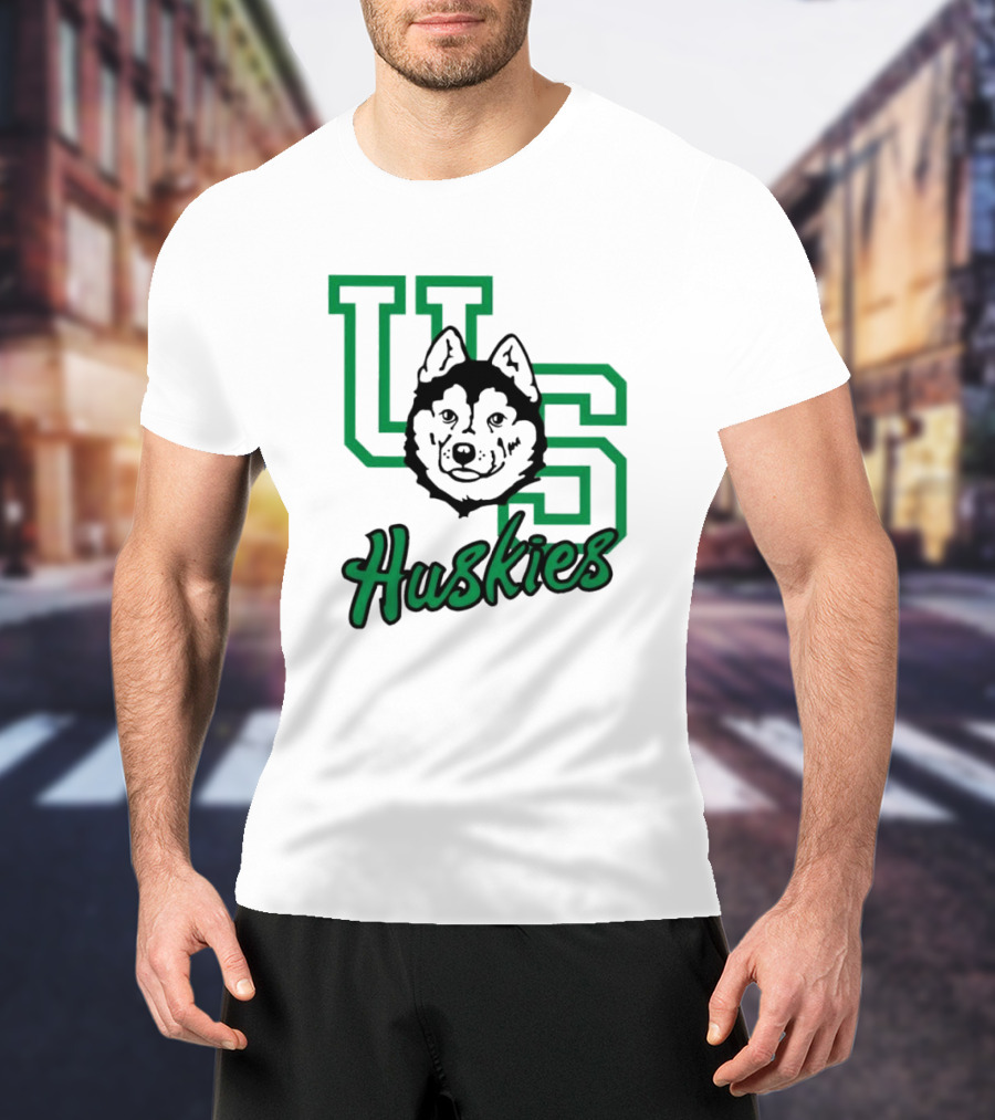 U Of S Huskies Logo With Husky Face Overlapping Bold Green Letters T-Shirt