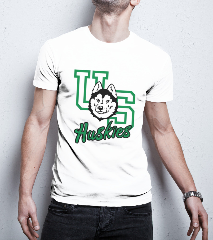 U Of S Huskies Logo With Husky Face Overlapping Bold Green Letters T-Shirt
