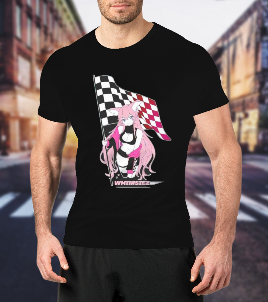 Whimsiez Checkered Flag Pink-Haired Girl Racing T-Shirt