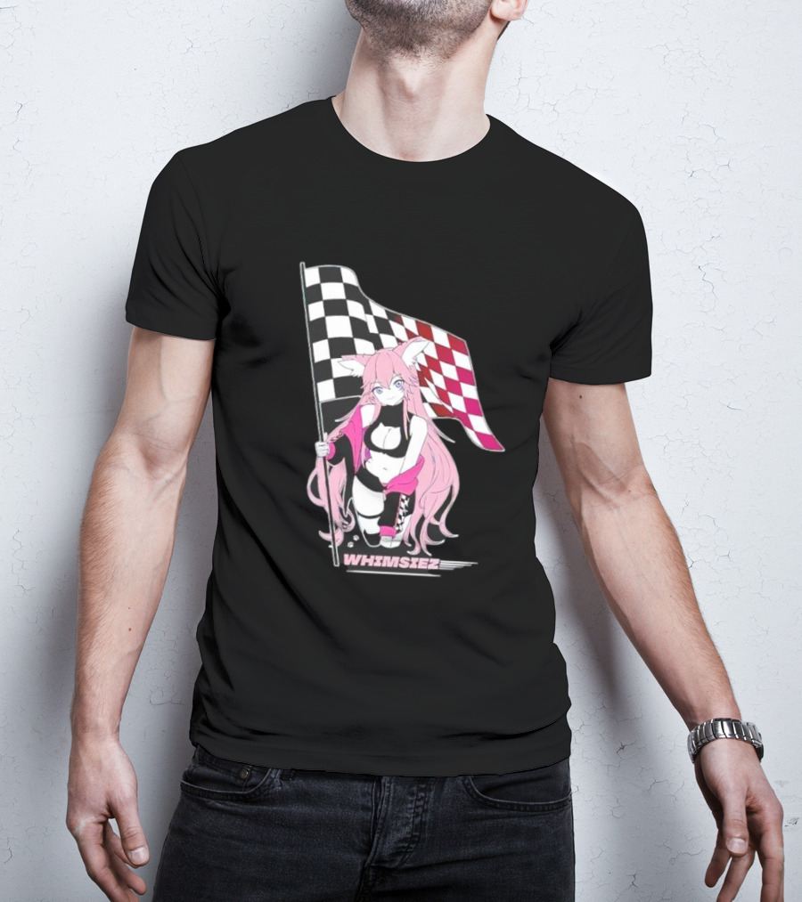 Whimsiez Checkered Flag Pink-Haired Girl Racing T-Shirt