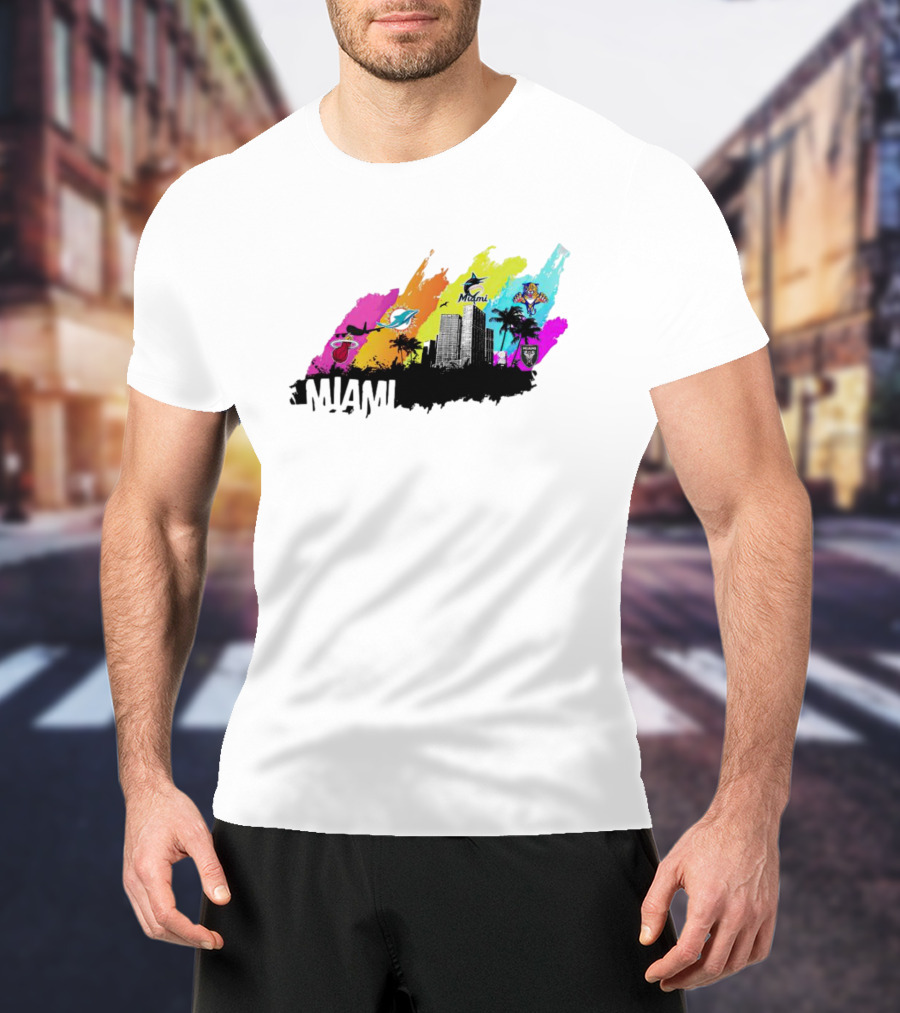 Miami City Skyline With Sports Team Logos And Vibrant Colors T-Shirt