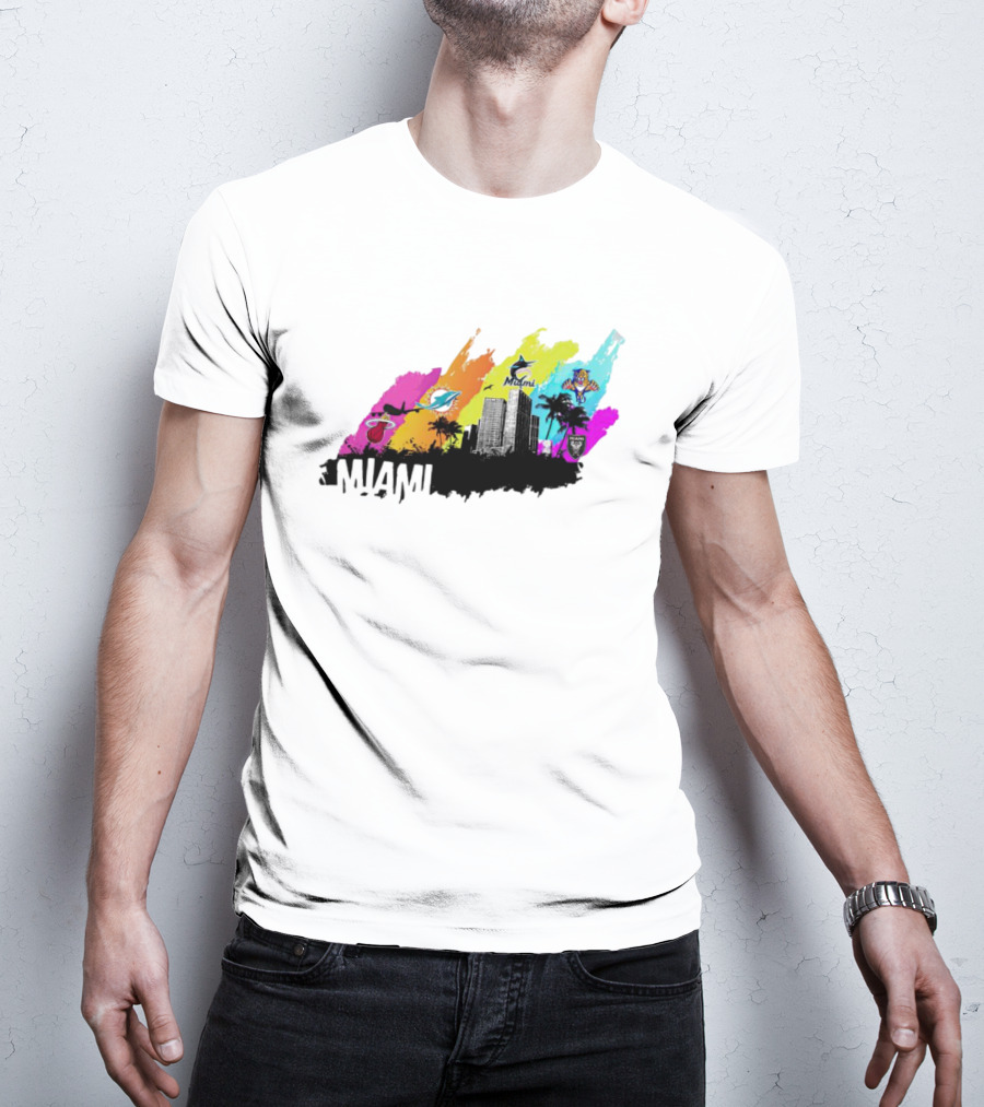 Miami City Skyline With Sports Team Logos And Vibrant Colors T-Shirt