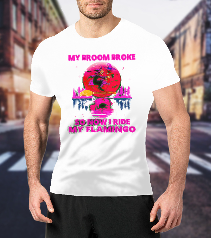 My Broom Broke So Now I Ride My Flamingo Neon Witch And Flamingo Moon Scene T-Shirt