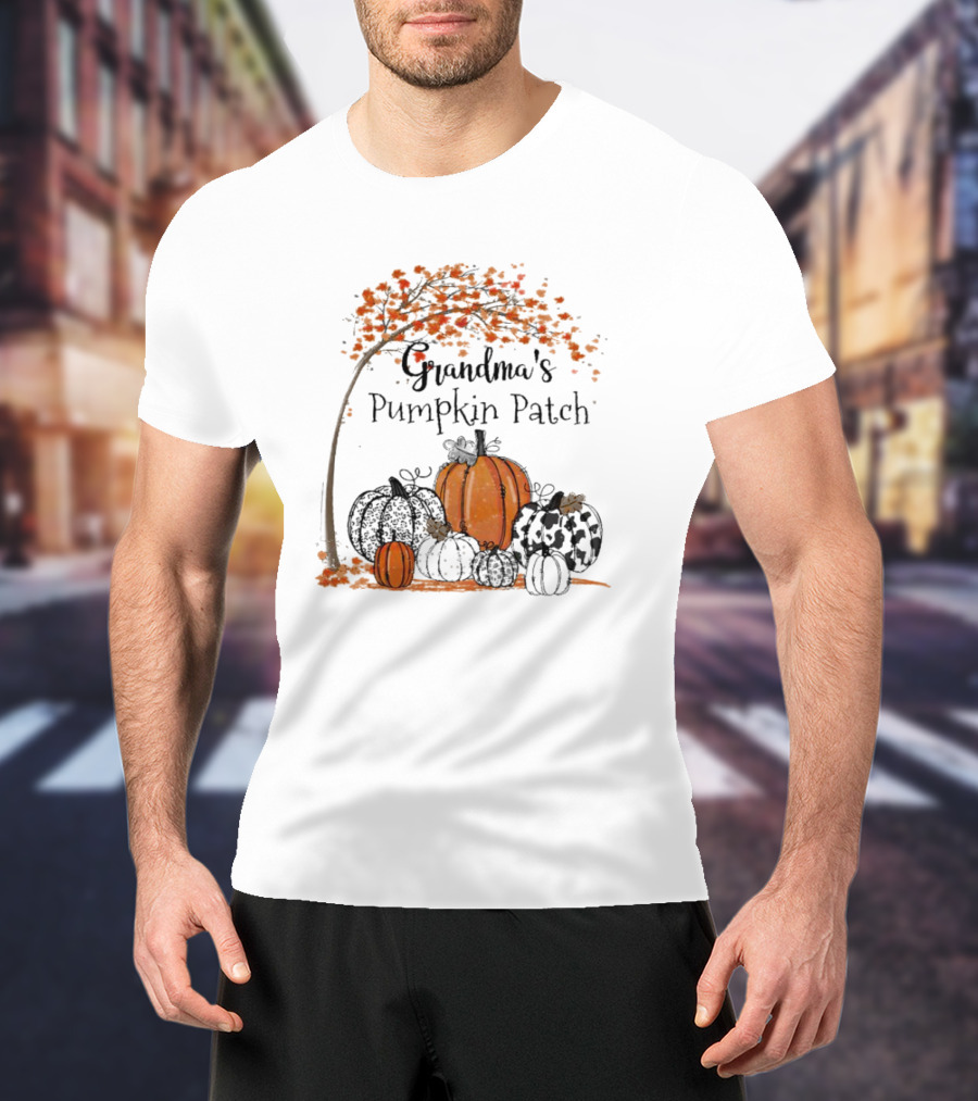 Grandma's Pumpkin Patch Autumn Harvest With Fall Leaves And Pumpkins T-Shirt