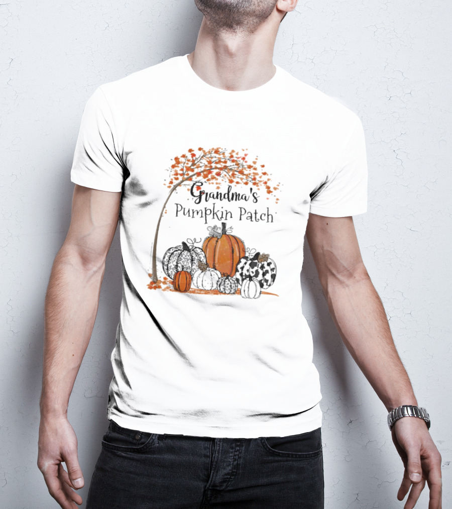 Grandma's Pumpkin Patch Autumn Harvest With Fall Leaves And Pumpkins T-Shirt