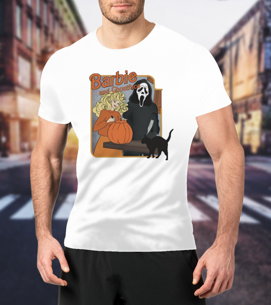 Barbie And Ghostface Halloween Pumpkin Carving Scene With Black Cat T-Shirt