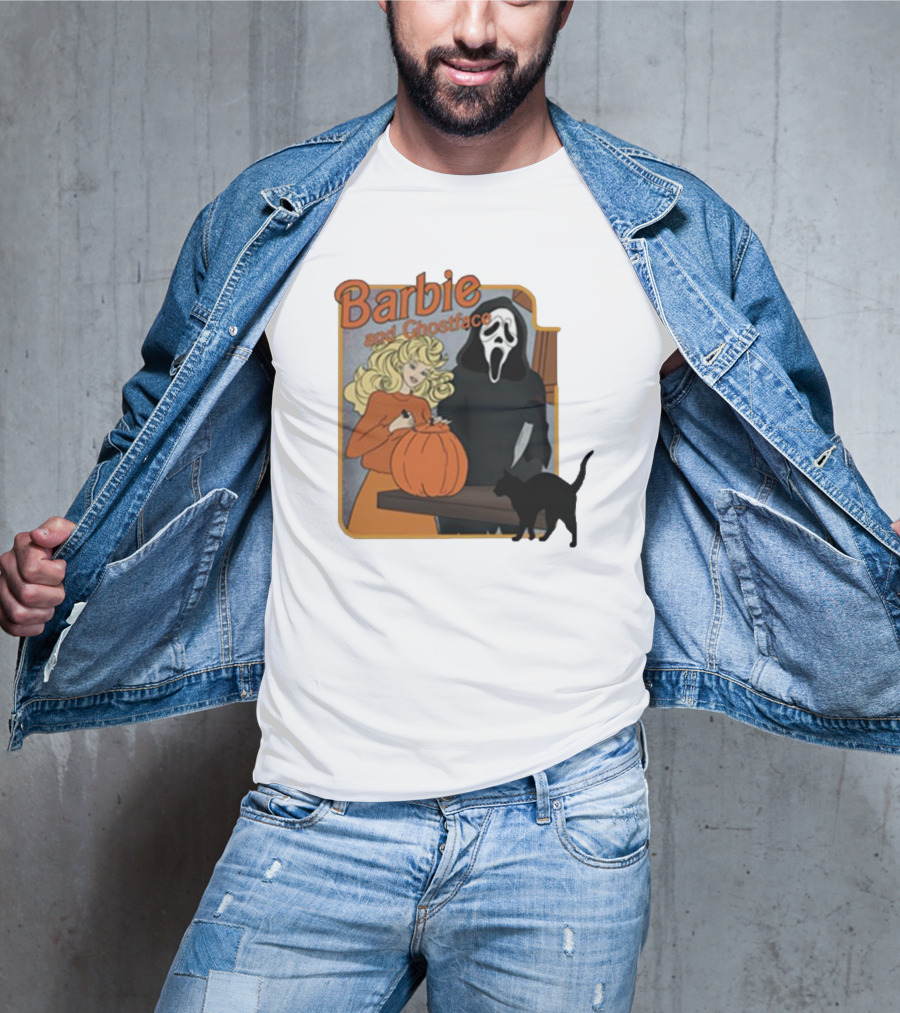 Barbie And Ghostface Halloween Pumpkin Carving Scene With Black Cat T-Shirt